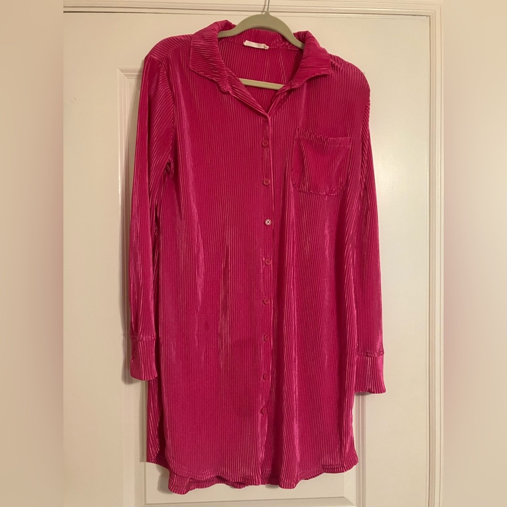 Jolie & Joy Ribbed Hot Pink Long Sleeve Button Down Dress Size Medium